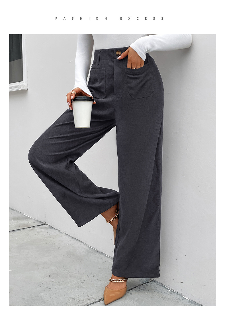 women's autumn and winter loose casual pants commuting high-waisted wide-leg pants corduroy casual button trousers_voghion.com