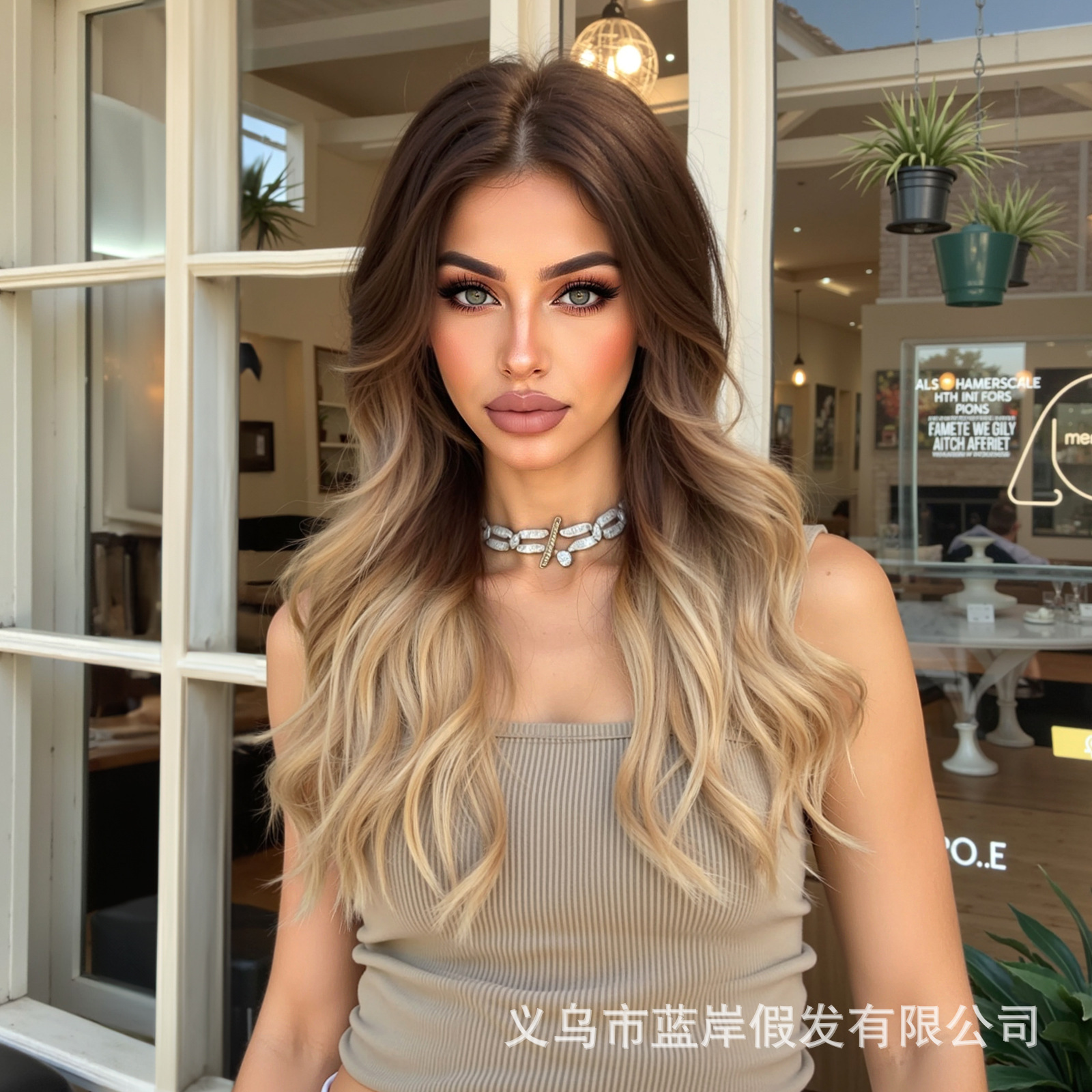 2024 nuevo encaje de pelo pequeño T marrón oscuro degradado marrón claro onda grande Pelo Rizado largo europeo y americano encaje peluca para mujeres