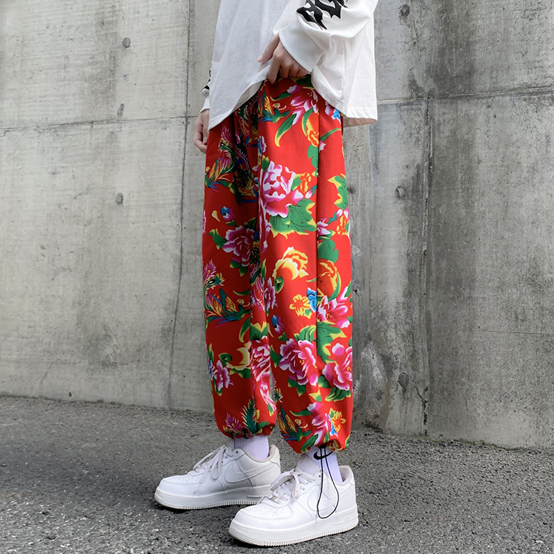 Ck203 Autumn New Northeast Large Floral Ethnic Style Chinese Style Casual Harem Jogger Pants with Ankle Tie Nine-Point Pants Team