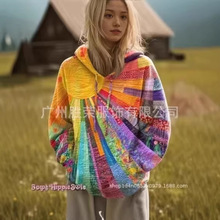 新款现货跨境外贸欧美女装3D数码定位印花太阳图案五彩色涂鸦卫衣