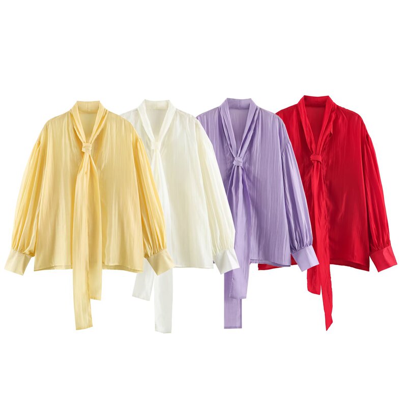 Myst&Za New Women's Clothing Minimalist Style Straight Hem Round V-Neck Long-Sleeved Shirt with Bow Decoration 4786024