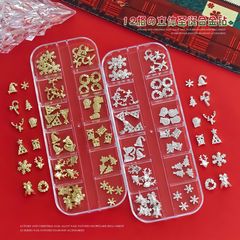 跨境爆款12格圣诞合金美甲饰品套装立体雪花铃铛花环金银色指甲钻