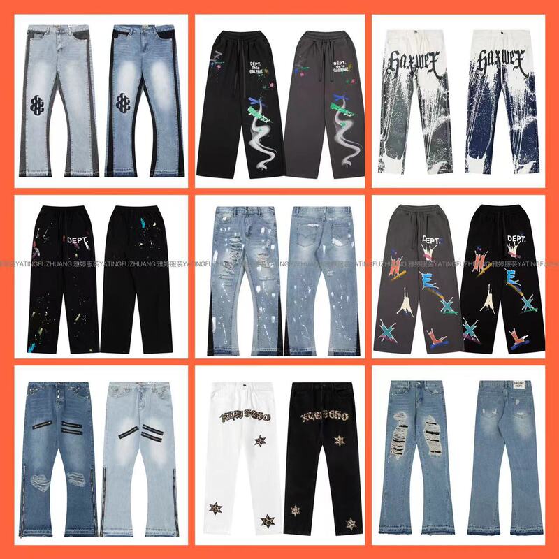 Foreign Trade g D Hand-Painted Splash-Ink Splicing Drawstring High Street Casual Sports Sweatpants Micro-Flared Pants Men's Denim Pants Women