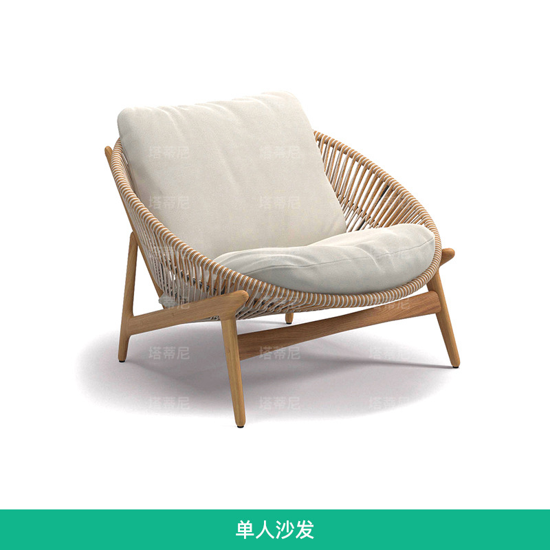 Conjunto de sofá de ratán para patio exterior, sillón individual de ocio para balcón de villa, muebles de teca de diseño para jardín exterior image 7