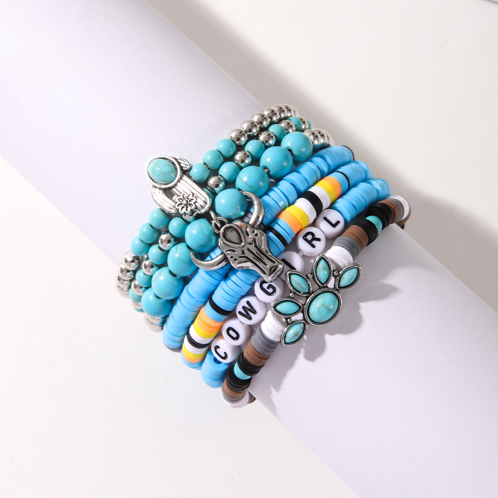 49g Weight Alloy Pendant Material Bracelets Classification Beaded, Turquoise Chain Material 1 Set Quantity Daily Occasion Beaded, Alloy, turquoise Material Cross, Cattle, Boots Pattern Women's Gender Retro Style Retro Cross Cattle Boots Beaded Alloy Turquoise  Beaded Bracelets Wholesale 1