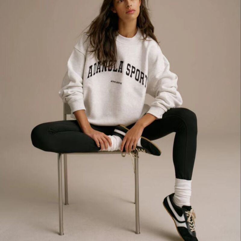 European and American Yoga Fitness Trend Adanola Spring and Autumn Cotton Oversized Light Gray Crewneck Sweatshirt