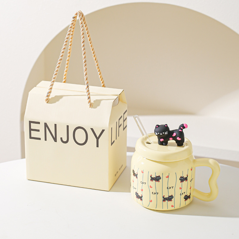 Taza de paja de dibujos animados de gato lindo suave Taza de oficina de alto valor con tapa Taza de pareja casera Taza de desayuno