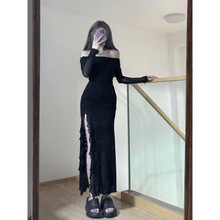 纯欲风黑色连衣裙辣妹网纱长款开叉女夏夏夏一字简约ins通勤裙子