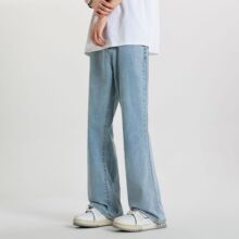 秋季牛仔裤基础宽松喇叭百搭复古纯色破洞牛仔长裤裤子休闲裤宽松