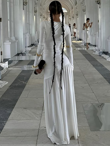 Hot-selling European and American Women's Wear 2025 Early Autumn New Arrival: Stylish, Slim-Fit Pleated Elegant Round-Neck Long-Sleeve Dress for Women