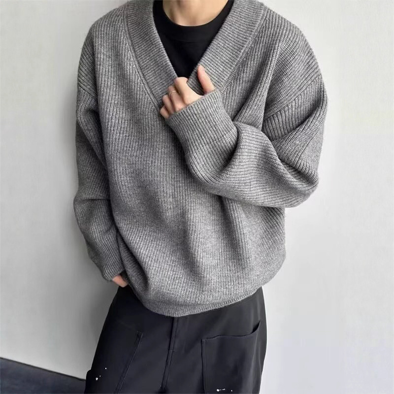 American Retro Gray V-Neck Knitwear Men's Winter Trendy Brand Lazy Knitwear Jacket Layered with Bottoming Shirt
