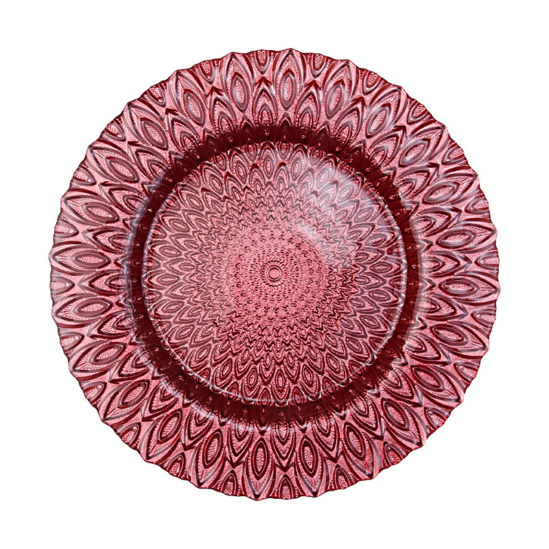 Patrón de pavo real de estilo europeo comida occidental gran placa plana Placa de filete de vidrio placa redonda Placa de banquete placa superficial al por mayor