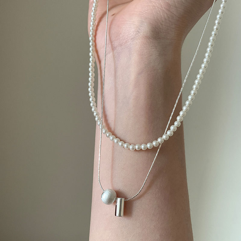 High-End Brushed Round Ball Pearl Double-Layer Stacked Necklace Women's Niche Stylish Fashion Trend Neck Chain Clavicle Chain