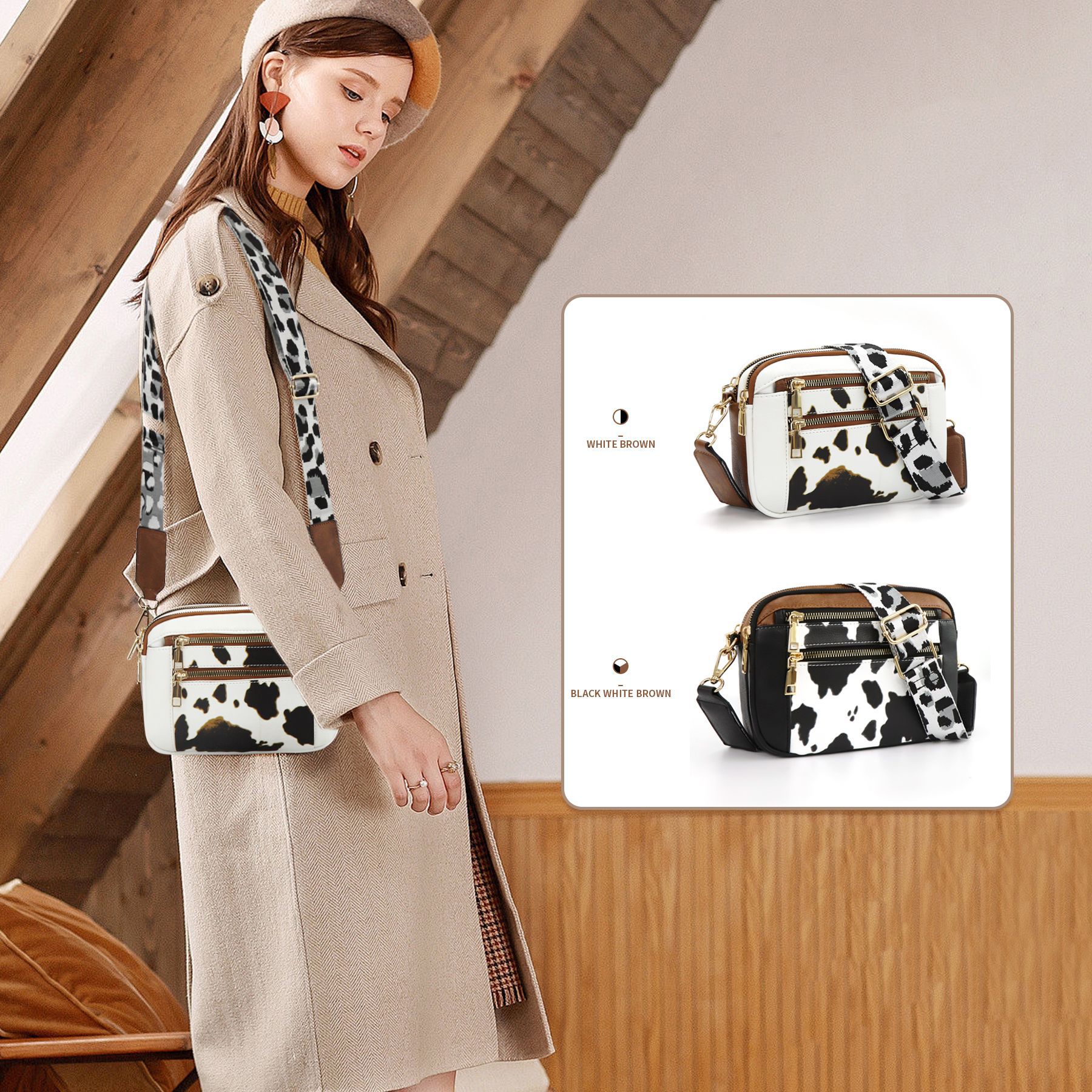 in stock Cross-border Cow European and American Color-block Multifunctional Zipper Crossbody Bag Square Bag PU Shoulder Bag Wallet Adjusting Shoulder Strap