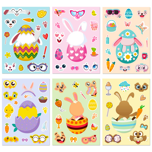 6 pieces/pack Easter egg face-changing stickers for kids DIY cross-border cute egg puzzle cartoon sticker