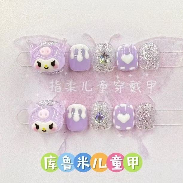 Kuromi Kidsren Wear Manicure Collection Without Hurting Nails Stickers Pure Handmade Nails Girls Reusable 049