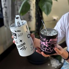 涂鸦创意水杯新款户外女生咖啡杯吸管杯办公室便携家用杯子不锈钢