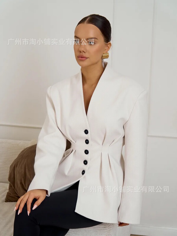 2025年高级欧美风气质优雅修身收腰洋气小西装设计感v领西服外套|undefined