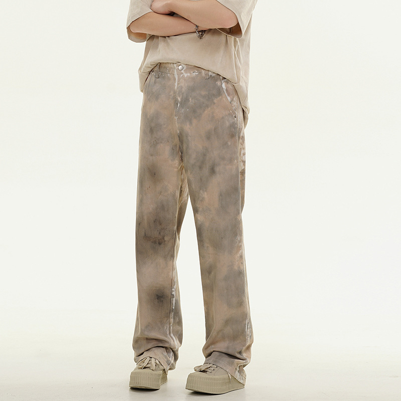 Men's Washed Tie-dye Distressed Straight Leg Jeans For Casual Wear_voghion.com