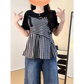 大码女装遮肚子假两件条纹小衫夏季胖mm显瘦遮肉洋气百搭短袖上衣