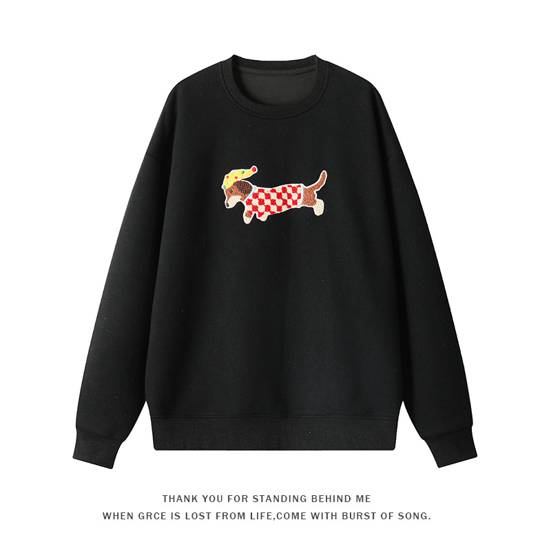 Korean Style Fluffy Dachshund Towel Embroidery Pullovers New Black - Shop at LoveMi
