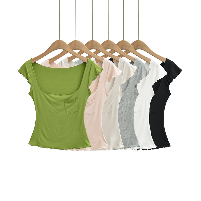 2026 Hot Girl Solid Color Square Neck Lightweight Slightly Sheer Stretchy Top Summer New Style Ruffled Short Sleeve T-Shirt for Women American Style 2026 Hot Girl Solid Color Square Neck Lightweight Slightly Sheer Stretchy Top Summer New Style Ruffled Short Sleeve T-Shirt for Women American Style
