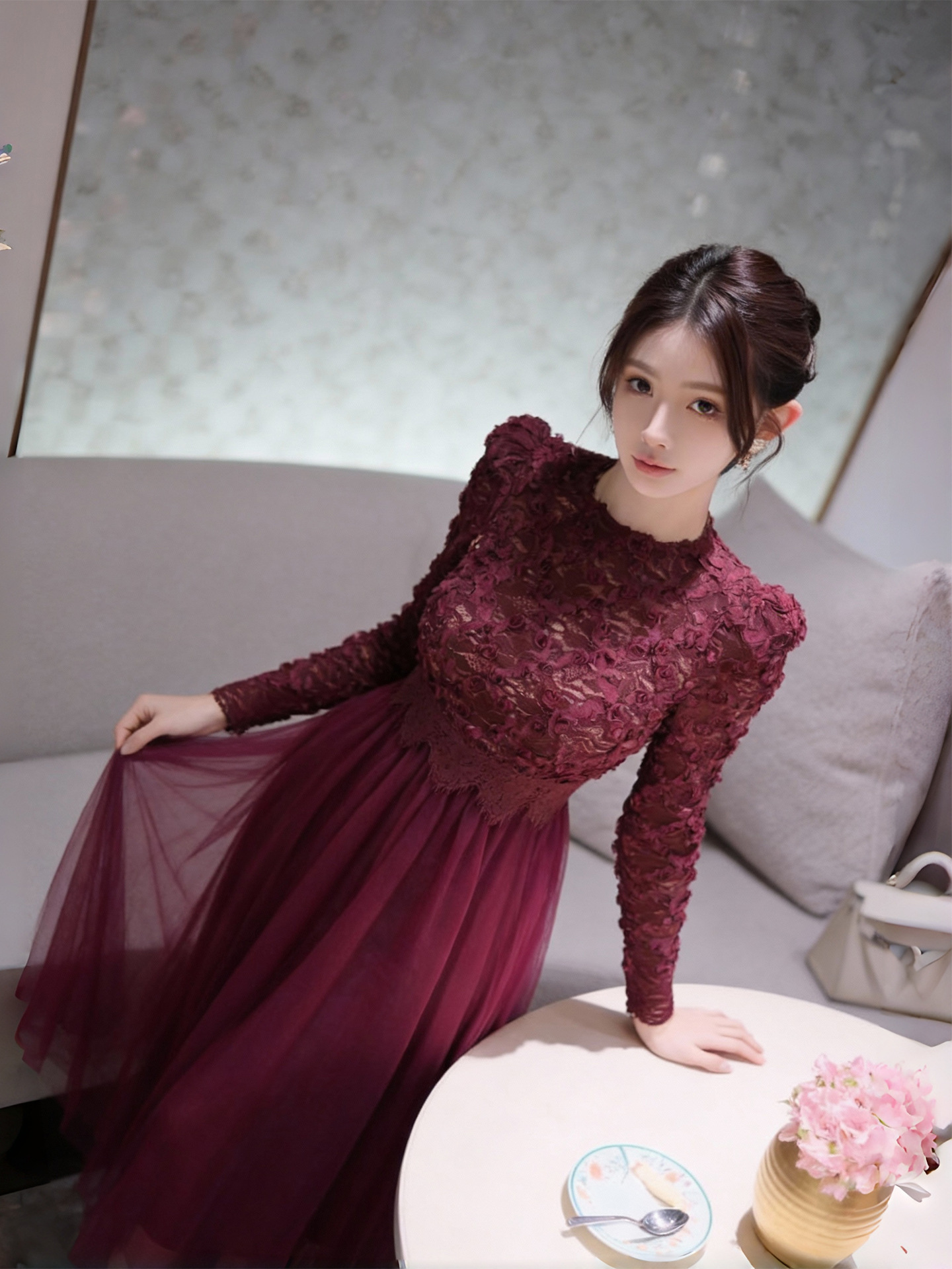 Đầm maxi nữ cổ tròn ren phối lưới thắt eo dáng dài — Thuốc lá tím