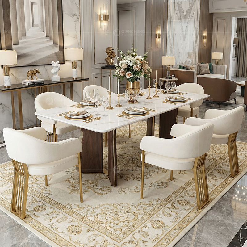 Marble Dining Table with a Light Luxury and High-End Feel, Vintage Dining Table and Chairs in Walnut Color, Rectangular Designer High-End Dining Set
