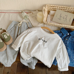 Children's 2024 Spring Pure Cotton Base Shirt, Medium and Small Boys Pure White Long Sleeve Round Neck T-shirt, Versatile