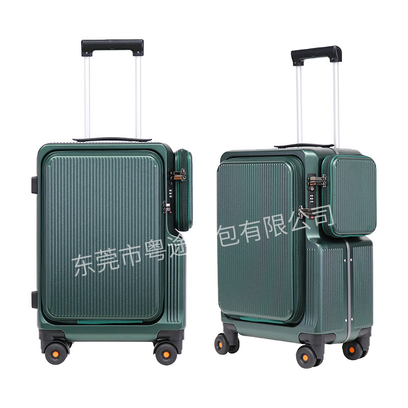 新款墨绿色前开口行李箱侧边小包铝框登机箱结实耐用密码拉杆皮箱