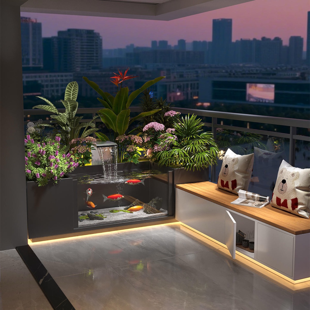 Balcony outdoor courtyard, fish pond with flowing water feature, bench and planter box combination, landscaping flower bed
