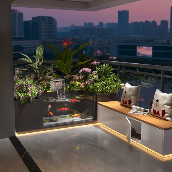 Balcony outdoor courtyard, fish pond with flowing water feature, bench and planter box combination, landscaping flower bed