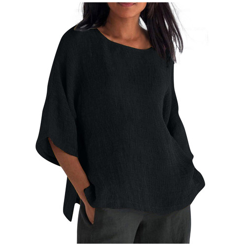 Shipment on the same day 2025 wisheaby Amazon new foreign trade women's seven-sleeve round neck cotton linen shirt top