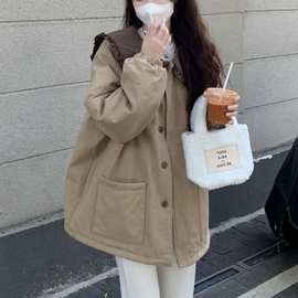 大码女装2025冬季新款胖mm韩版木耳边娃娃领拼接宽松棉衣棉服外套