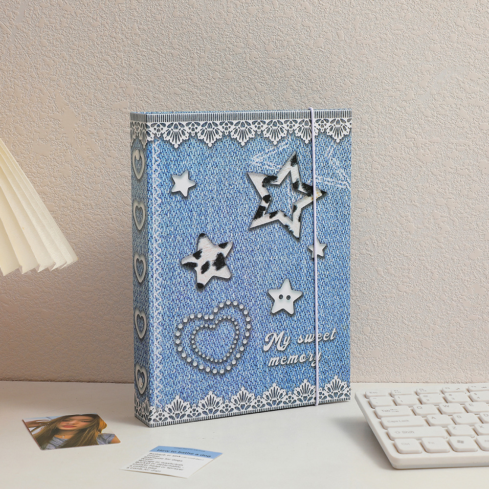 Original nostálgico hecho en casa retro patrón de tela de mezclilla A5 libro de tarjetas de hojas sueltas estudiante estuche rígido correa de tres pulgadas álbum de seis agujeros hembra