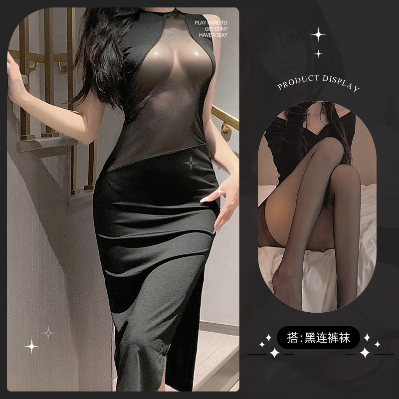 블랙 시스루 스커트 + T팬츠 + 블랙 바디스타킹