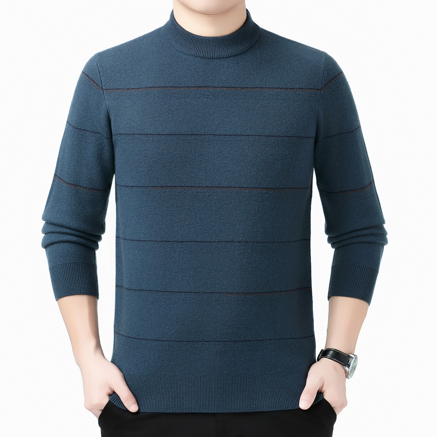 品牌冬季新款男士羊绒衫加厚半高领领毛衣中年保暖绵羊毛针织衫