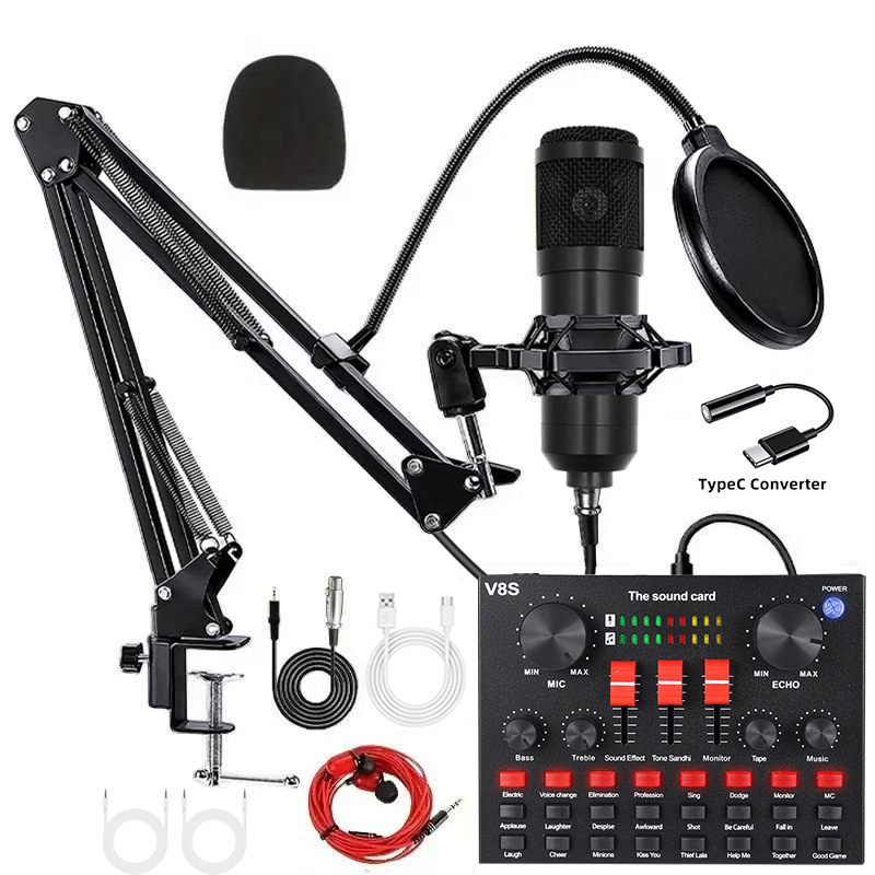 bm800 negro + v8s triple empujador + conjunto de conversión typec + auriculares