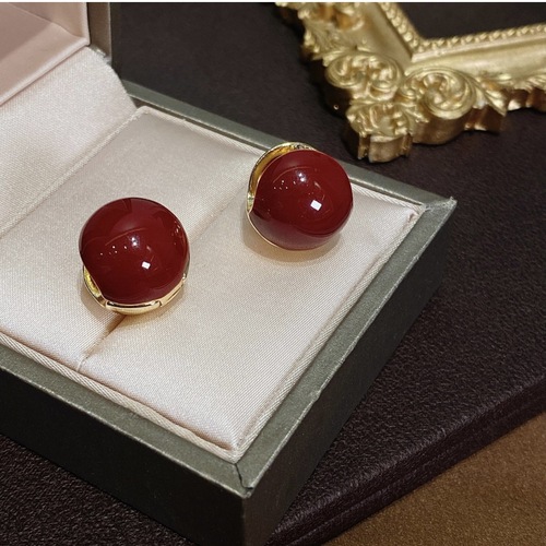 Korean version of the same red acacia bean red bean earrings round double-sided two-color creative metal style earrings