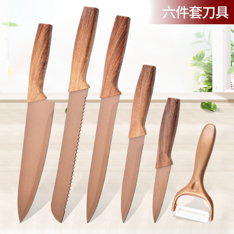 Fábrica de comercio exterior ligera de lujo mango de madera 6 piezas juegos de cuchillos de acero inoxidable cuchillo de cocina cuchillo de frutas