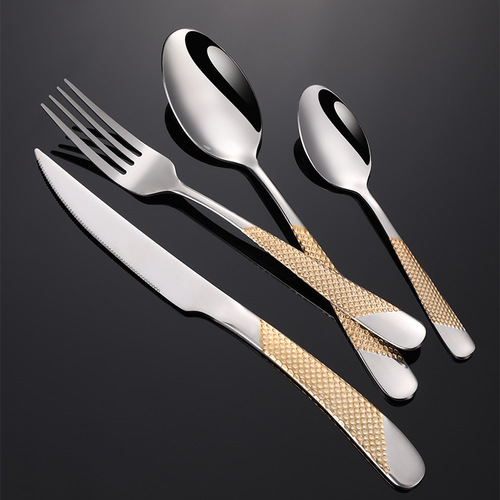 Iron 410 stainless steel star diamond series cutlery, fork, spoon, western tableware, gold-plated four main parts, multi-specification hotel gifts