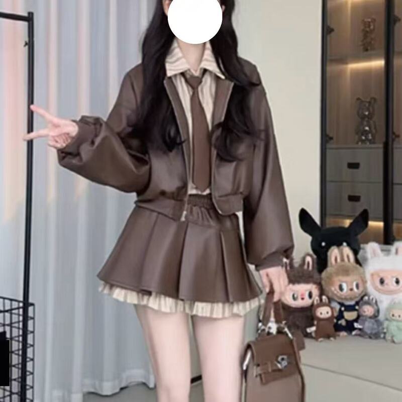 巨好看秋冬季设计感衬衫拼接皮衣外套显瘦半身裙三件套半裙|undefined