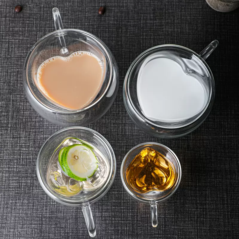 批发爱心玻璃杯耐高温咖啡杯创意家用双层玻璃心形高颜值茶水杯子