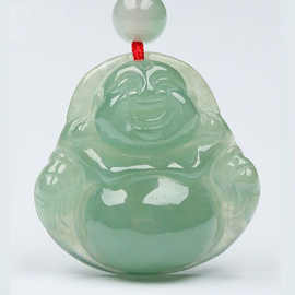 A货翡翠佛公吊坠玉佛笑佛女款冰油青种玉佛吊坠玉石吊坠附证