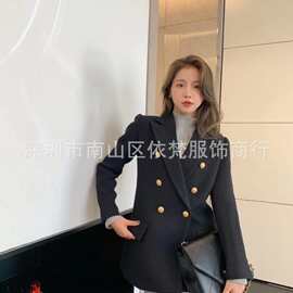 深圳南油高端女装欧美双排金扣复古翻领凯旋门提花羊毛大衣外套