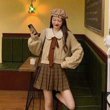 三件套装女秋冬季短款针织衫半身外套外穿jk制服秋冬格纹高腰裙女