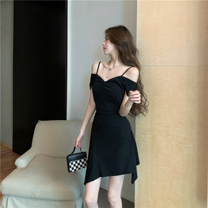 One line neckline off shoulder irregular slimming sexy little black dress