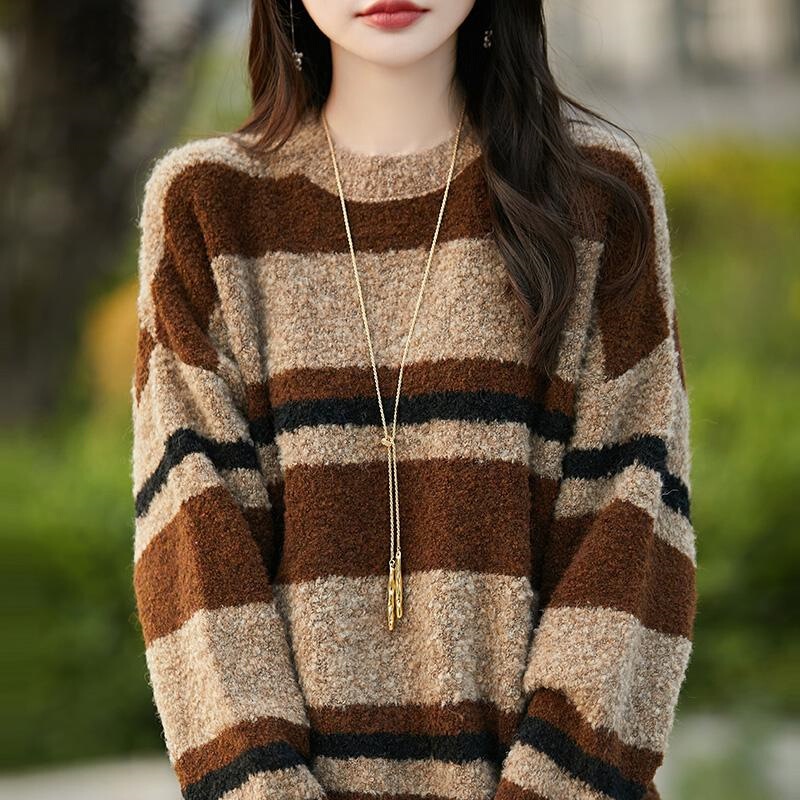 Autumn and winter ring yarn color matching wool sweater women's round neck pullover sweater loose thick wool sweater knitted base