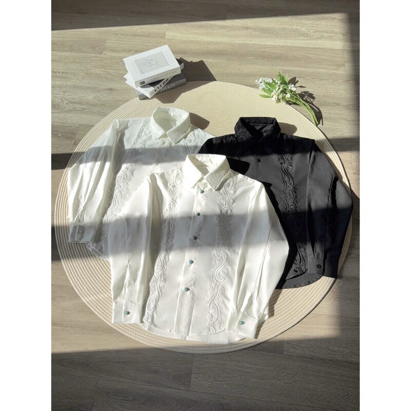 Turquoise Embroidered Shirt for Men, Spring/Summer Old Money Style, Husband-Like Look, Long-Sleeve Shirt, Cleanfit Jacket