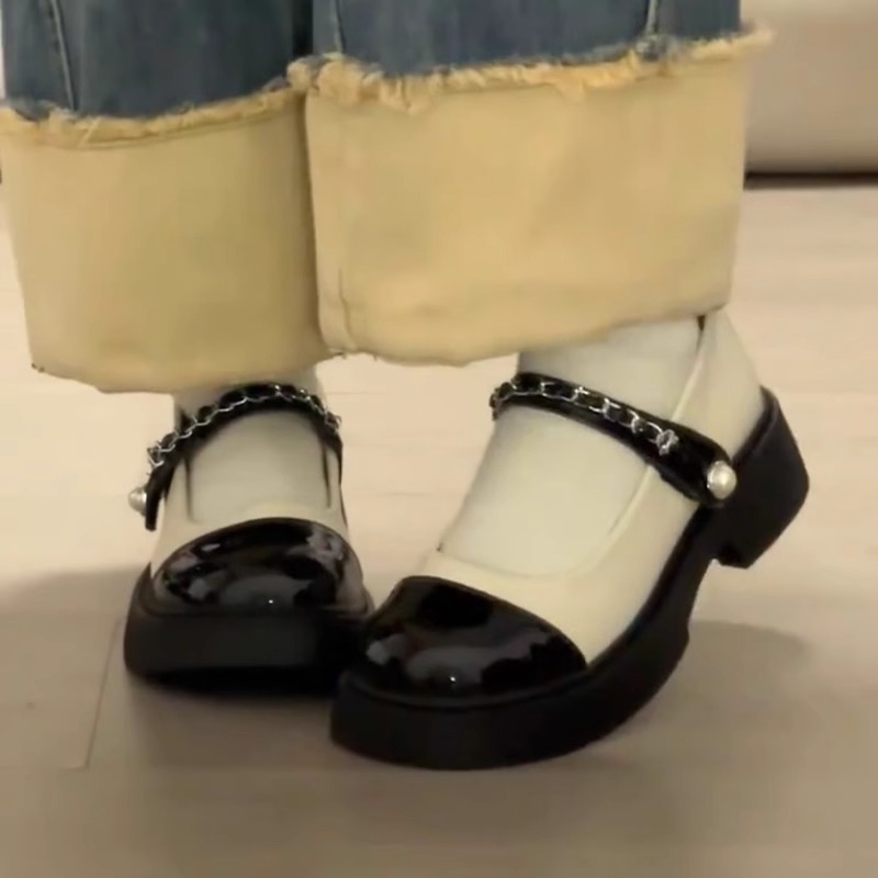 Schwarze Lederschuhe für Damen im Sommer, kleiner duftender Stil, Mary Jane-Sandalen mit dicker Sohle, runde Zehenpartie farblich abgestimmt_voghion.com